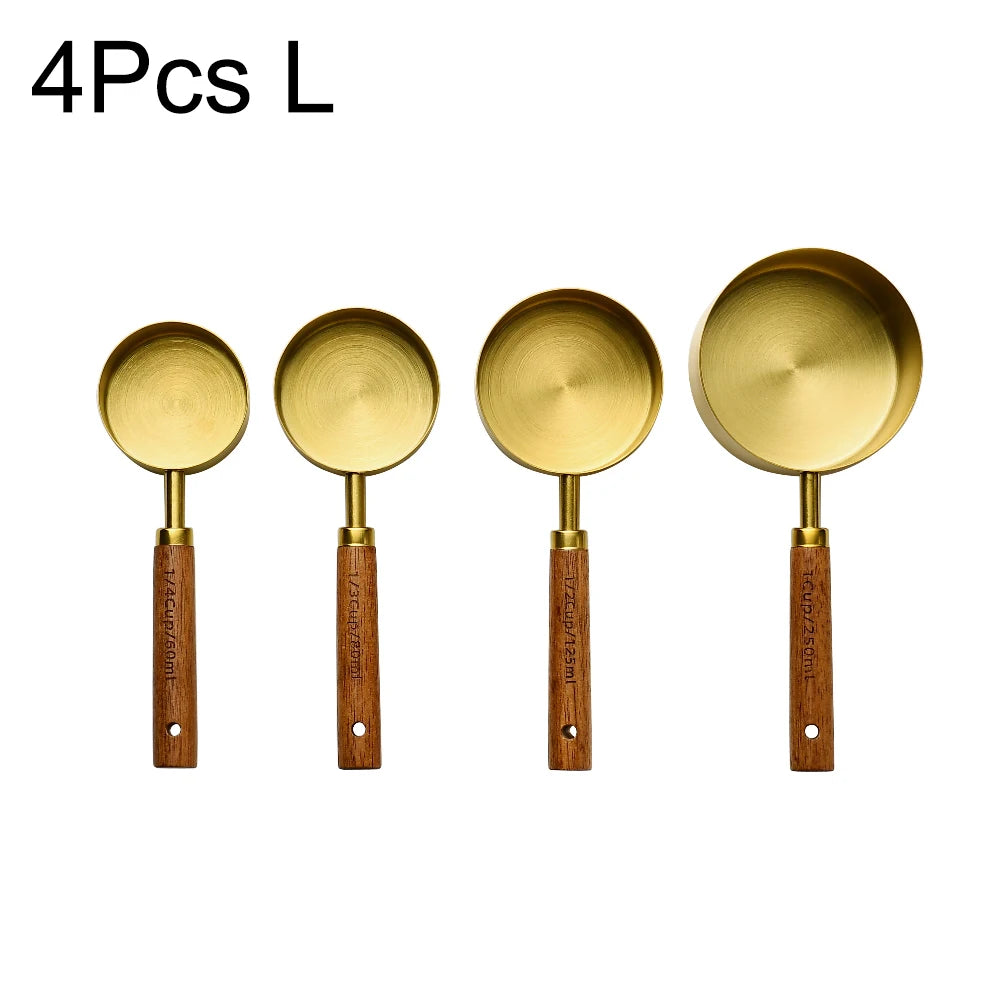 Gold Wooden Handle Stainless Steel Measuring Cups & Spoons Set