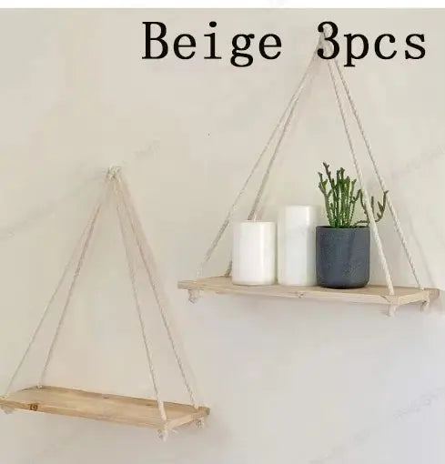 Wooden Swing Hanging Floating Shelf with Hemp Rope
