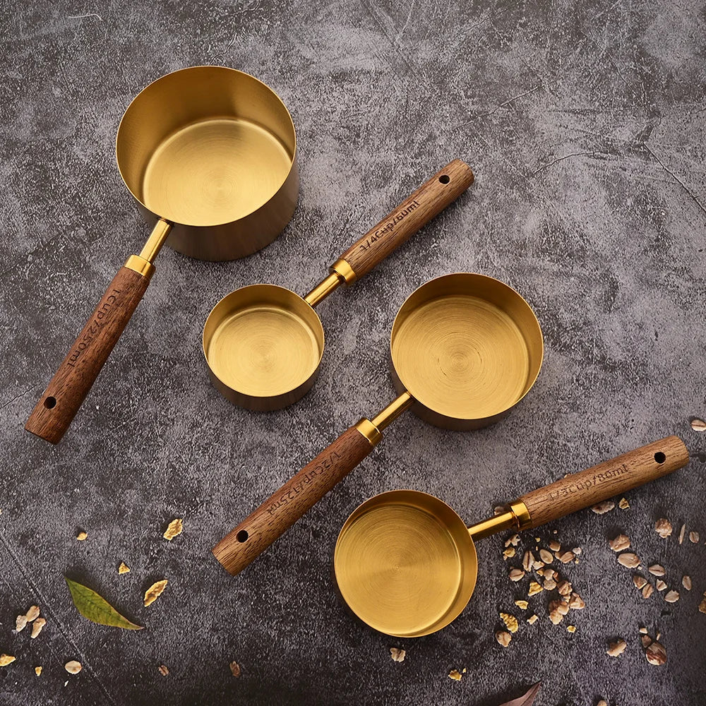 Gold Wooden Handle Stainless Steel Measuring Cups & Spoons Set