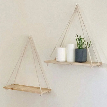 Wooden Swing Hanging Floating Shelf with Hemp Rope