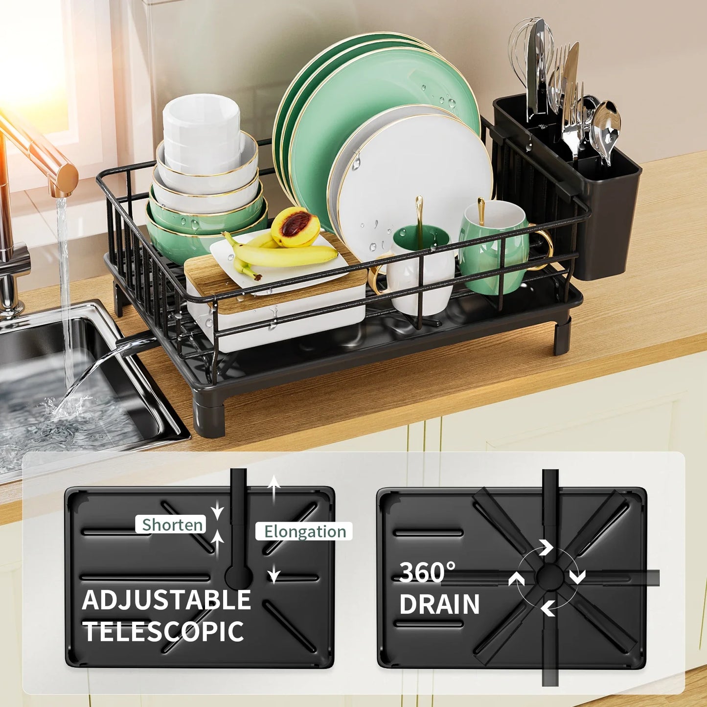 Dish Drying Rack with Cutlery Holder, Cup Stand & Drip Tray