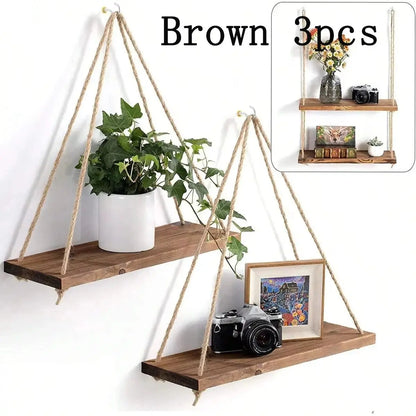 Wooden Swing Hanging Floating Shelf with Hemp Rope