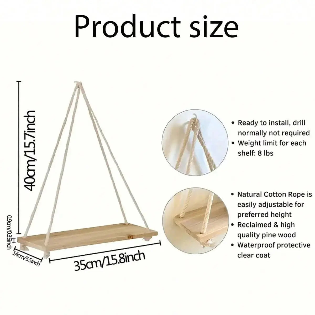 Wooden Swing Hanging Floating Shelf with Hemp Rope