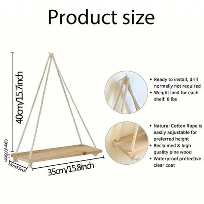 Wooden Swing Hanging Floating Shelf with Hemp Rope