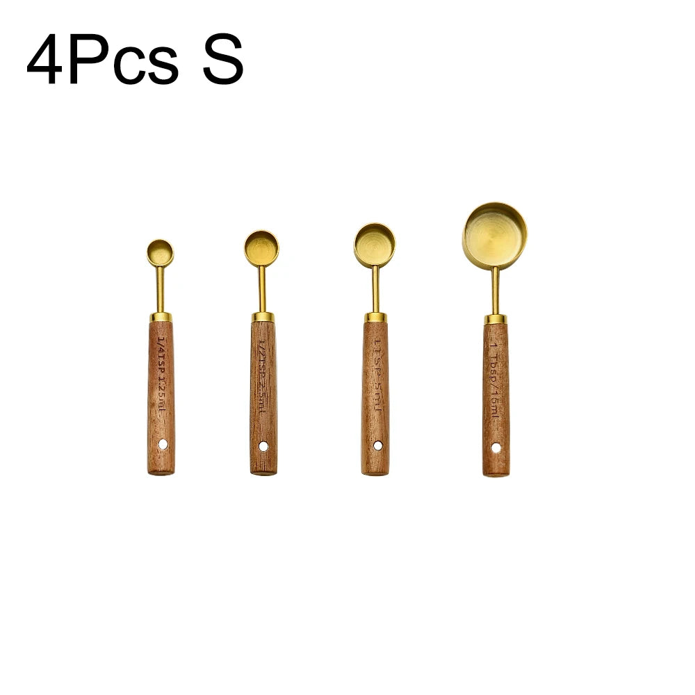 Gold Wooden Handle Stainless Steel Measuring Cups & Spoons Set