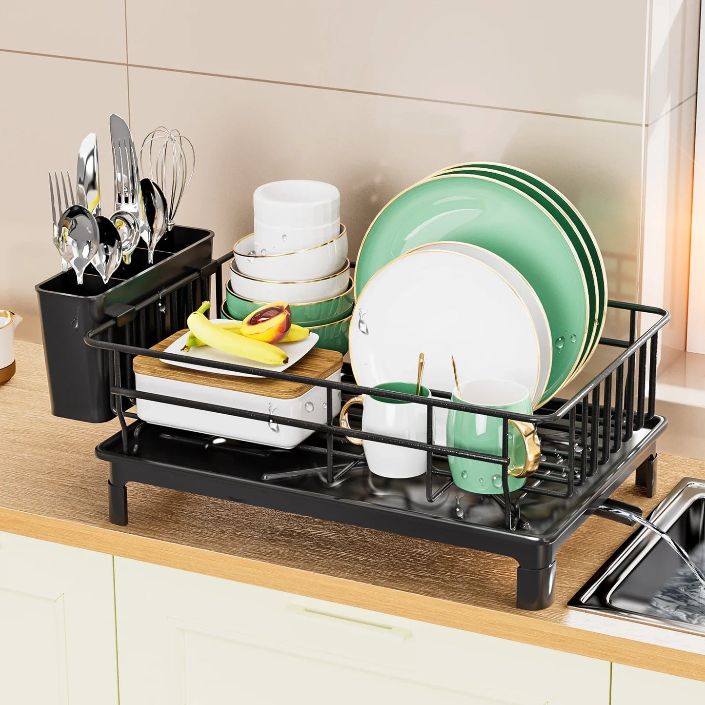 Dish Drying Rack with Cutlery Holder, Cup Stand & Drip Tray