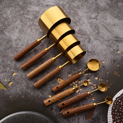 Gold Wooden Handle Stainless Steel Measuring Cups & Spoons Set