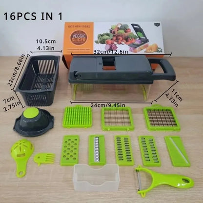 16PCS Multifunctional Vegetable Chopper & Slicer Set with Stainless Steel Blades