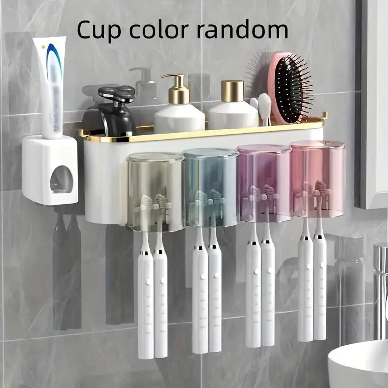 Multifunctional Wall Mounted Toothbrush Rack with Mug Holder