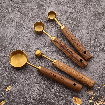 Gold Wooden Handle Stainless Steel Measuring Cups & Spoons Set