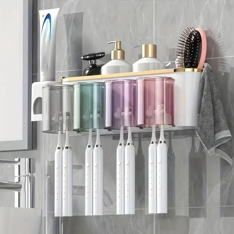 Multifunctional Wall Mounted Toothbrush Rack with Mug Holder