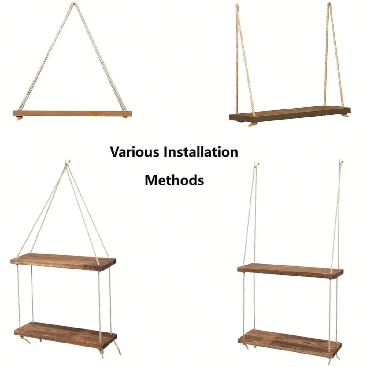Wooden Swing Hanging Floating Shelf with Hemp Rope