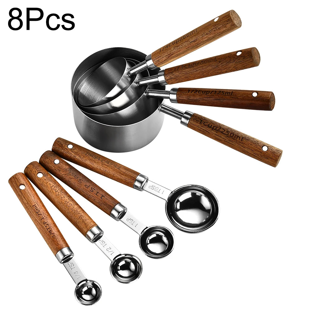 Gold Wooden Handle Stainless Steel Measuring Cups & Spoons Set