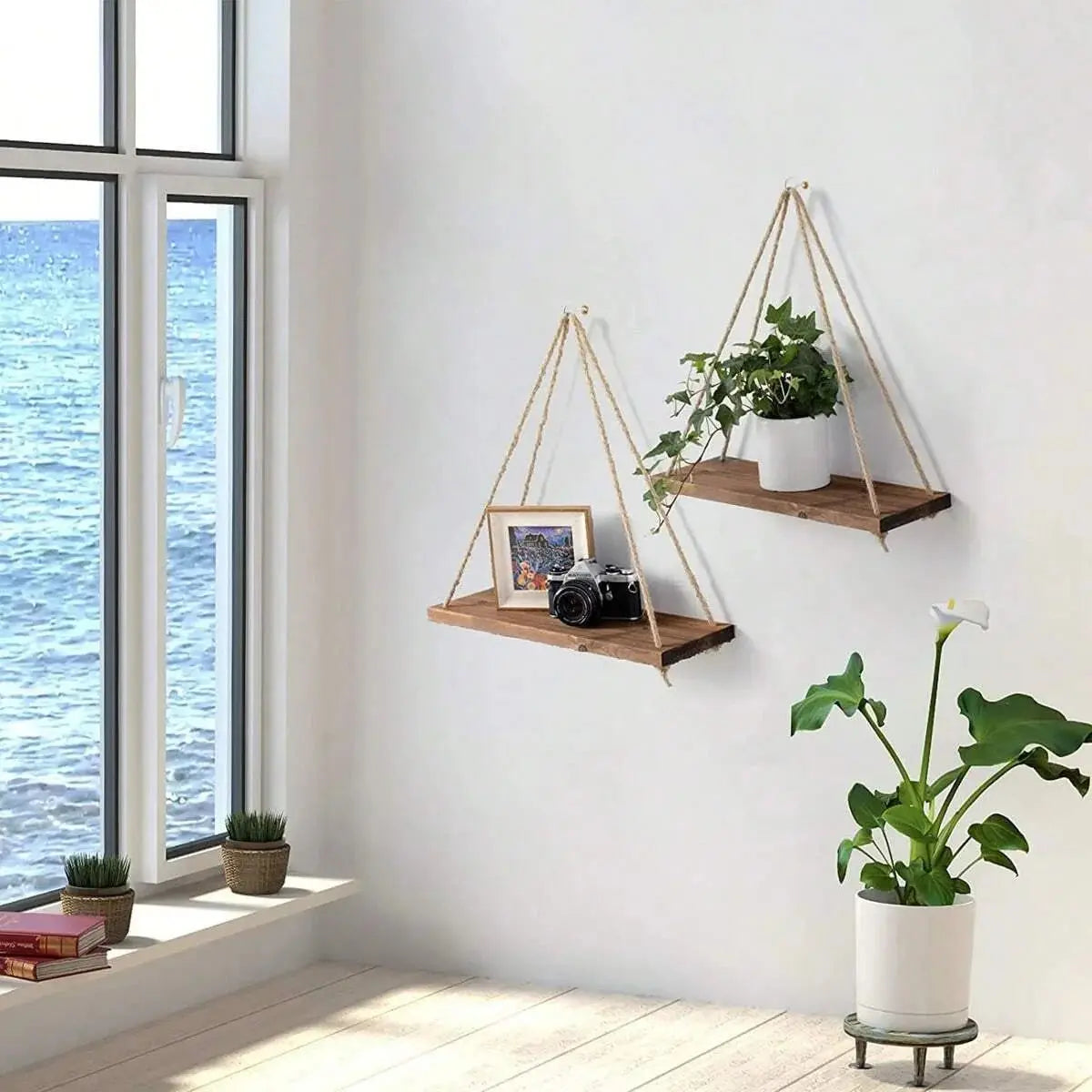 Wooden Swing Hanging Floating Shelf with Hemp Rope