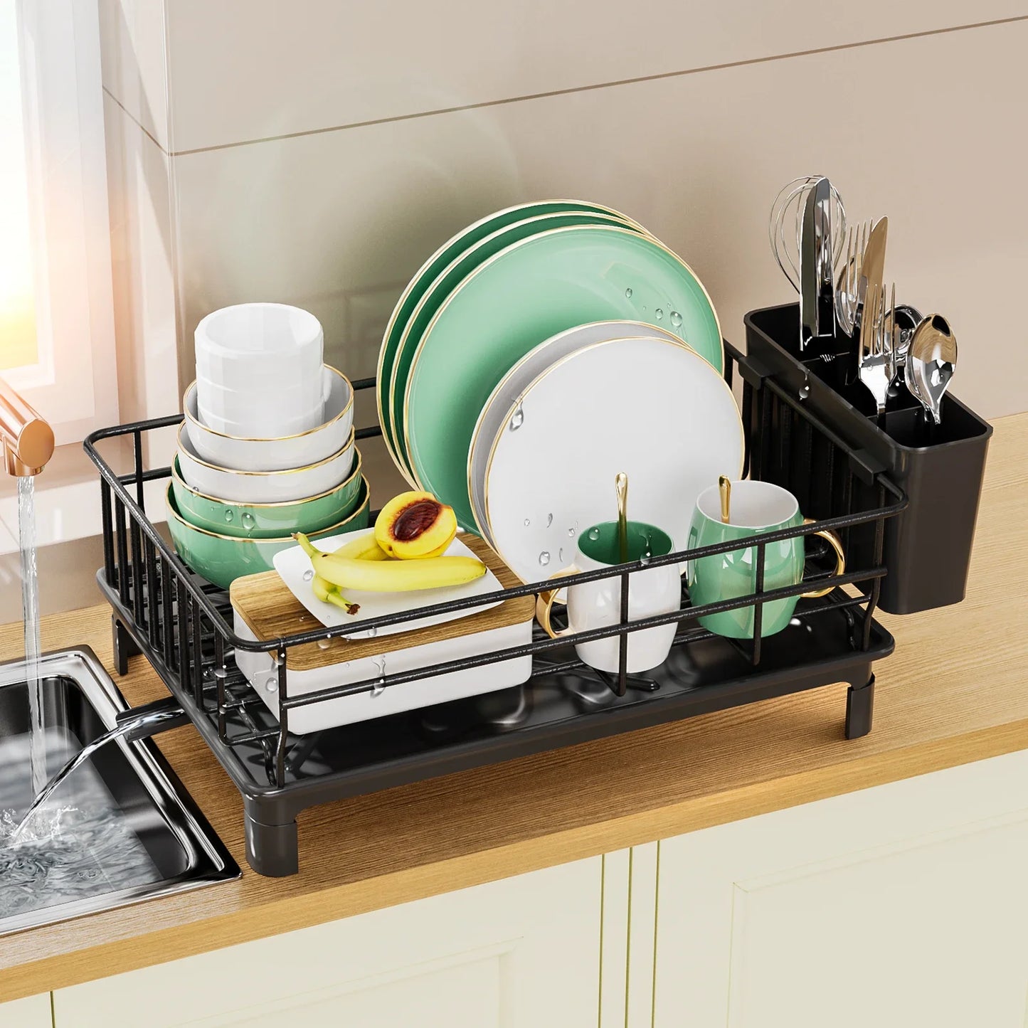 Dish Drying Rack with Cutlery Holder, Cup Stand & Drip Tray