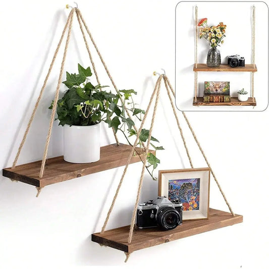 Wooden Swing Hanging Floating Shelf with Hemp Rope