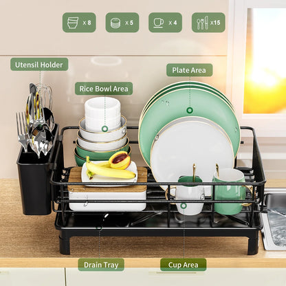 Dish Drying Rack with Cutlery Holder, Cup Stand & Drip Tray