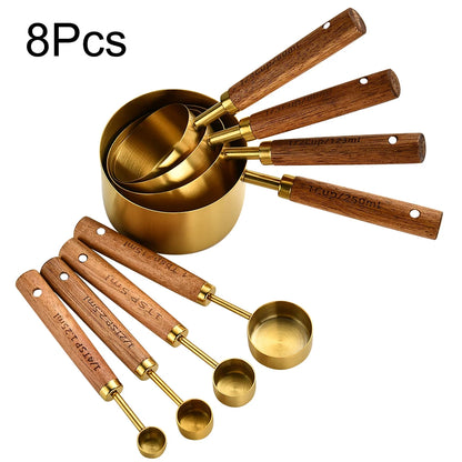 Gold Wooden Handle Stainless Steel Measuring Cups & Spoons Set