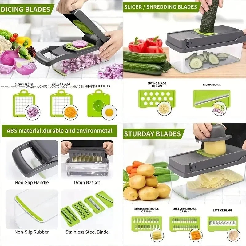 16PCS Multifunctional Vegetable Chopper & Slicer Set with Stainless Steel Blades