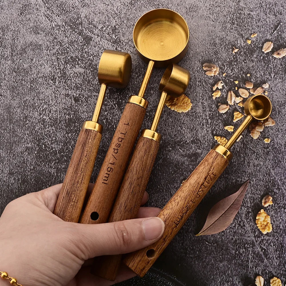 Gold Wooden Handle Stainless Steel Measuring Cups & Spoons Set