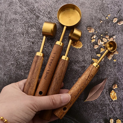 Gold Wooden Handle Stainless Steel Measuring Cups & Spoons Set