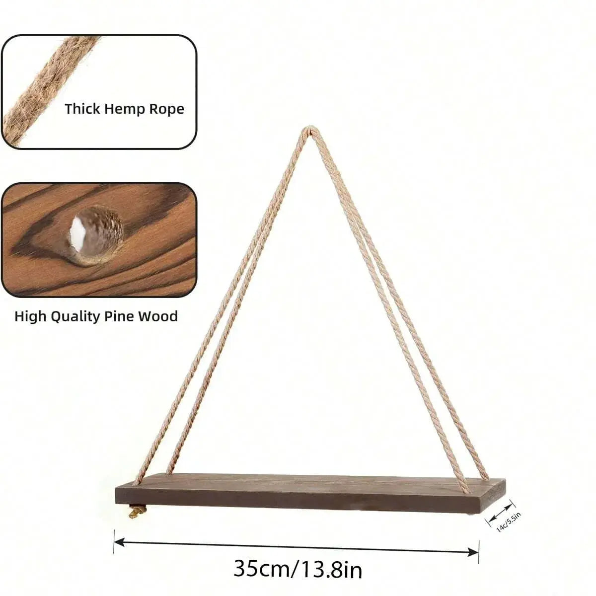 Wooden Swing Hanging Floating Shelf with Hemp Rope